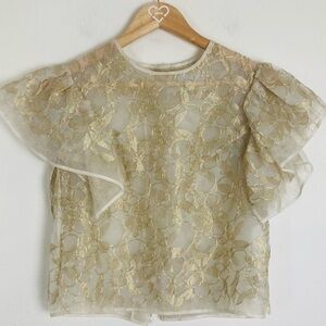 David Peck pale gold silk blend lined lace top. Full tee sleeves. Size XS